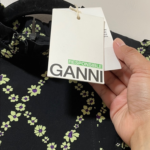 Ganni Crepe Margarita Black Mini Dress with Green Floral Lattice - Picture 3 of 17